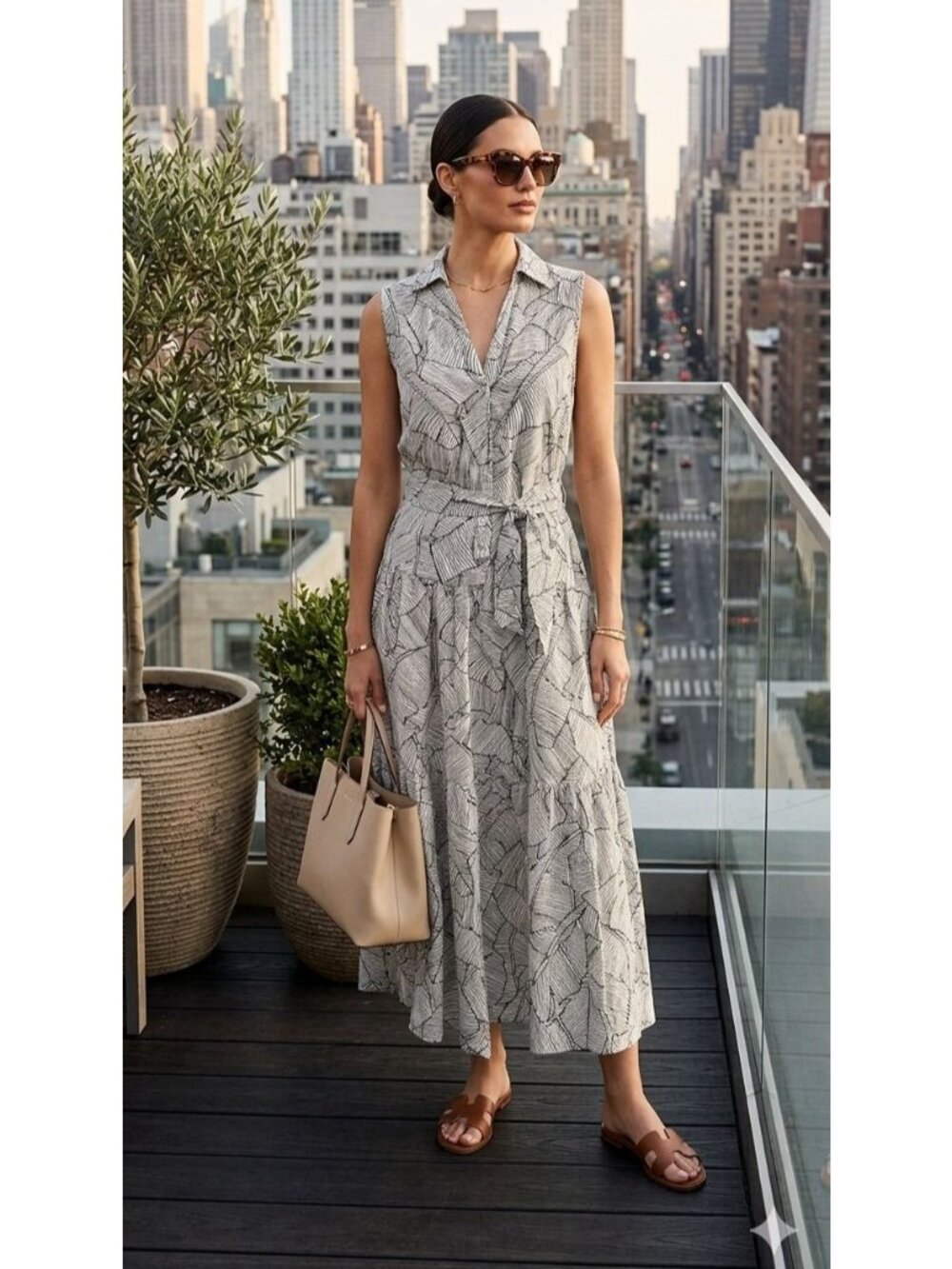 Elie Tahari Linen Midi Shirt Dress M Sleeveless Tropical Palm Print Tiered $395